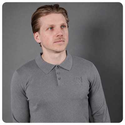 Mens Knitted Long Sleeve Polo - Grey